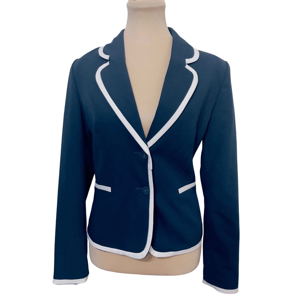 Cynthia Rowley Navy Blue Contrast Piping Blazer Size S Preppy Nautical Coastal